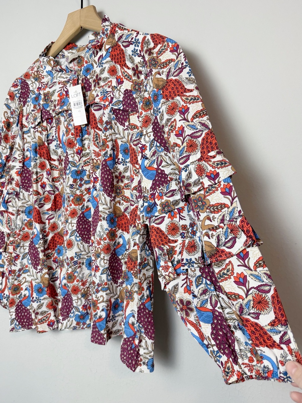 Loft Peacock Print Ruffle Button Blouse - Picture 9 of 13